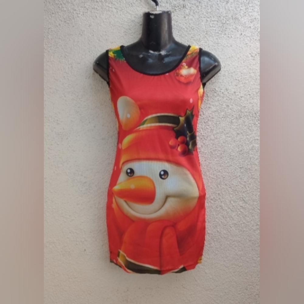 Festive Snowman Sleeveless Dress Casual Christmas Party Festive Holiday Red